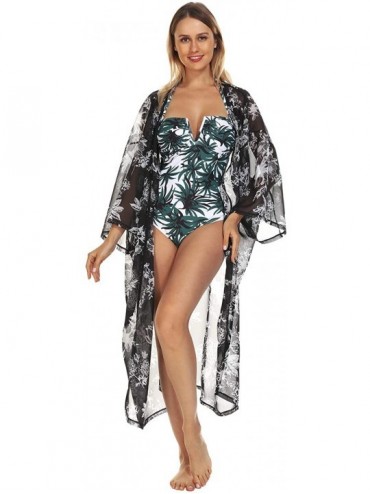 Cover-Ups Women's Kimono Beach Cover Up Chiffon Cardigan Floral Tops Loose Capes - Black-multicolor Flower 03 - CD1947GD8QC $...
