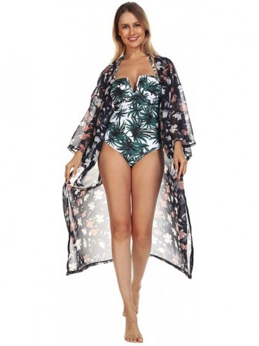 Cover-Ups Women's Kimono Beach Cover Up Chiffon Cardigan Floral Tops Loose Capes - Black-multicolor Flower 03 - CD1947GD8QC $...