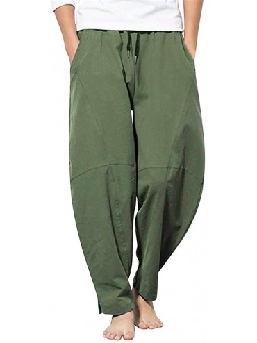 Trunks Men's Pants Casual Cotton Linen Drawstring Breathable Loose Jogger Straight-Leg Trouser with Pockets - Green - C818W9M...