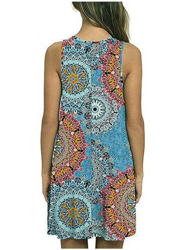 Cover-Ups Women Summer Floral Print Casual T Shirt Dresses Beach Cover Up Plain Pleated Tank Dress - Mix Blue - CL18QI7STST $...