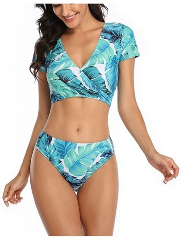 Racing Women Short Sleeve deep V Feather Leopard Print Swimsuit Tankini Swimwear - Green - CL198AWGA7C $24.01