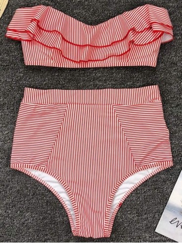 Sets Womens Sexy Stripe Two Pieces Swimsuits Strapless Ruffle Bathing Suit Padded Swimwear High Waisted Bikini Set - Red Stri...