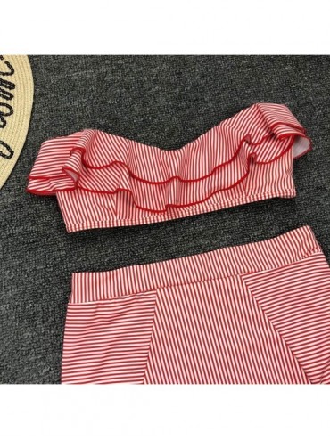 Sets Womens Sexy Stripe Two Pieces Swimsuits Strapless Ruffle Bathing Suit Padded Swimwear High Waisted Bikini Set - Red Stri...