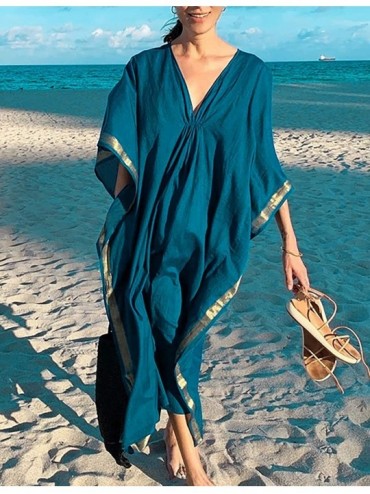 Cover-Ups Women Beachwear Turkish Kaftans Long Swimsuit Cover up Caftan Beach Dress - Peacock Blue - CN19GD98USD $17.97