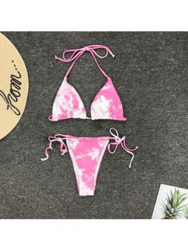 Bottoms Women's Fading Color Halter Thong Bikin Tie Side Bottom Triangle Bikini Swimsuits - Pink - C9197Q5WT9H $19.37
