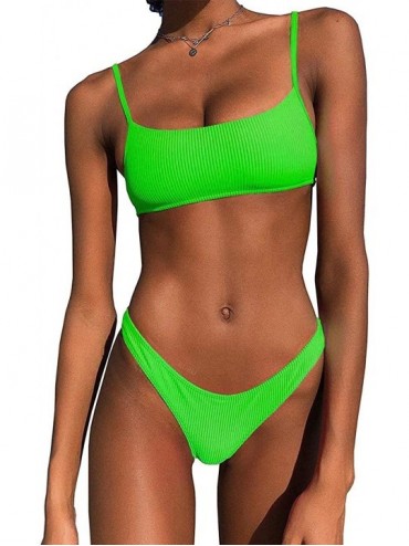 Sets Bikini Set Ribbed Neon Scoop Crop Top High Cut 2 Piece Brazilian Sporty Swimsuits for Women - Green - C418T98RW89 $37.18
