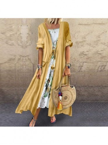 Bottoms Women Plus Size Bohemian O-Neck Floral Print Vintage Sleeveless Long Maxi Dress - G-yellow - CE18W3N62C8 $21.17