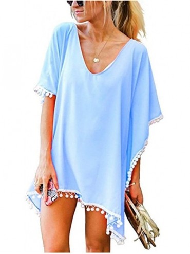 Cover-Ups Women's O-Neck Fashion Swimwear Chiffon Tunic Cover Up Beach Dress Beach Wear One Size - Blue - C618T7CAAAZ $38.41