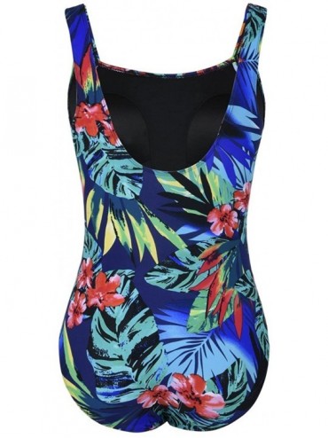 One-Pieces Women's Black One Piece Bathing Suit Ruched Tummy Control Swimsuit - Red Blue Floral - CQ189AEHLI4 $24.70