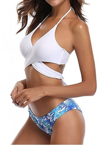 Tops Womens Bathing Suits Floral Printing Swim Bottoms Padded Halter Bandage Bikini Two Piece Swimsuits - A-white - CR194N5Y7...