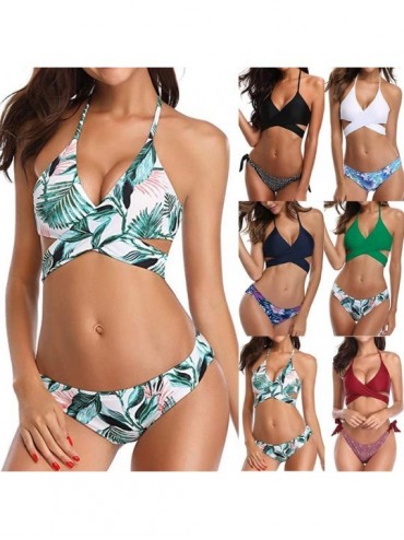 Tops Womens Bathing Suits Floral Printing Swim Bottoms Padded Halter Bandage Bikini Two Piece Swimsuits - A-white - CR194N5Y7...