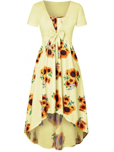 Cover-Ups Summer Dresses-Women's Fashion Sunflower Print Mini Dress Suits Short Sleeve Bow Knot Bandage Cami Tank Dress - Y-e...