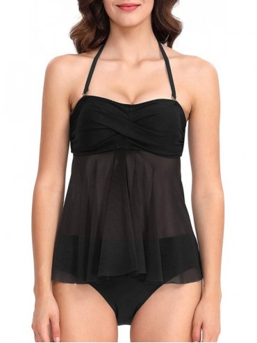 One-Pieces Women's Halter Bandeau Tankini Two Piece Fashion Mesh Swimsuits - Black - C318U4SN0M0 $31.62