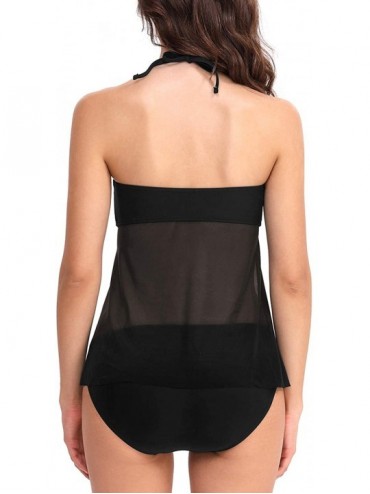 One-Pieces Women's Halter Bandeau Tankini Two Piece Fashion Mesh Swimsuits - Black - C318U4SN0M0 $17.66