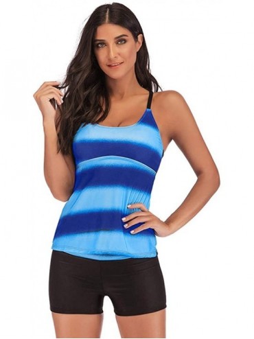Tankinis Women's Two Piece Swimsuits Plus Size Gradient Printed Tankini Sets with Boyshorts - Dark Blue - CQ194EW009D $45.15