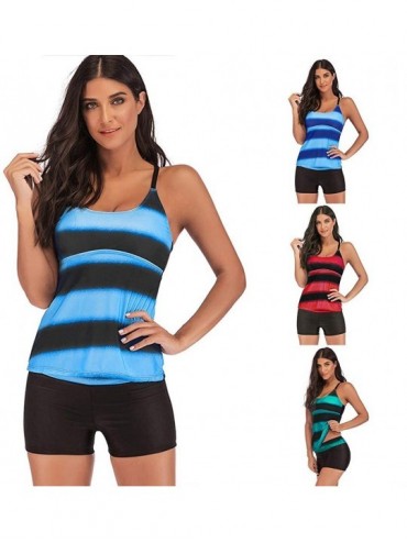 Tankinis Women's Two Piece Swimsuits Plus Size Gradient Printed Tankini Sets with Boyshorts - Dark Blue - CQ194EW009D $16.42
