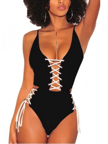 Sets Women's Spaghetti Strap Criss Cross Lace Up One Piece Swimsuits Swimwear - Black - CI18O4TLQQ0 $44.10