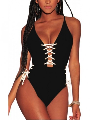 Sets Women's Spaghetti Strap Criss Cross Lace Up One Piece Swimsuits Swimwear - Black - CI18O4TLQQ0 $29.20