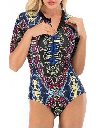 Racing Womens Long Sleeve Rash Guard UV Protection Zipper Floral Printed Surfing One Piece Swimsuit Bathing Suit - Colorful F...