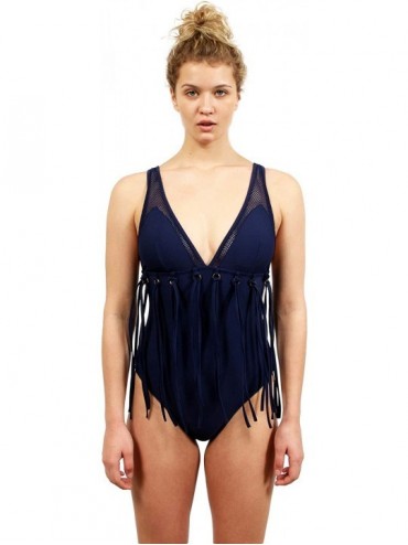 One-Pieces One Piece Swimsuit Mesh Piecing with Enamel Gold Finish Metal Rings and Tie Lacing - Navy - C118QKS5OCY $52.31