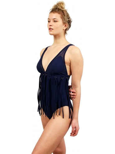 One-Pieces One Piece Swimsuit Mesh Piecing with Enamel Gold Finish Metal Rings and Tie Lacing - Navy - C118QKS5OCY $29.39