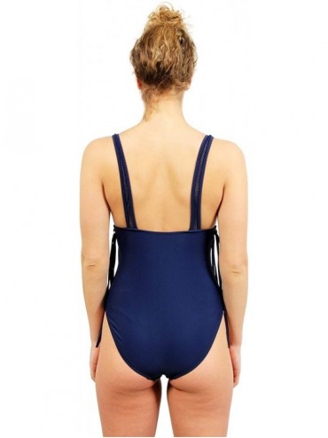 One-Pieces One Piece Swimsuit Mesh Piecing with Enamel Gold Finish Metal Rings and Tie Lacing - Navy - C118QKS5OCY $29.39