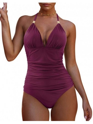 One-Pieces Women Retro Halter One Piece Swimsuits Sexy Slimming Ruched Monokini - 57 Wine Red - CQ192AONZ9M $45.48
