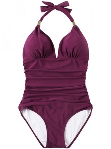 One-Pieces Women Retro Halter One Piece Swimsuits Sexy Slimming Ruched Monokini - 57 Wine Red - CQ192AONZ9M $25.45
