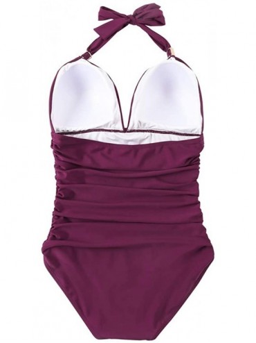 One-Pieces Women Retro Halter One Piece Swimsuits Sexy Slimming Ruched Monokini - 57 Wine Red - CQ192AONZ9M $25.45