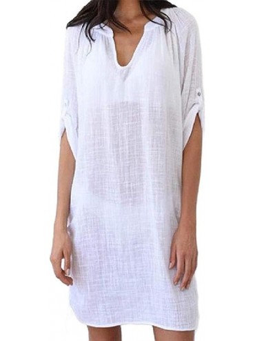 Cover-Ups Solid Color See-Through Short Sleeve Loose V-Neck Cover Up Dress - White - CN190MUAT5R $43.85