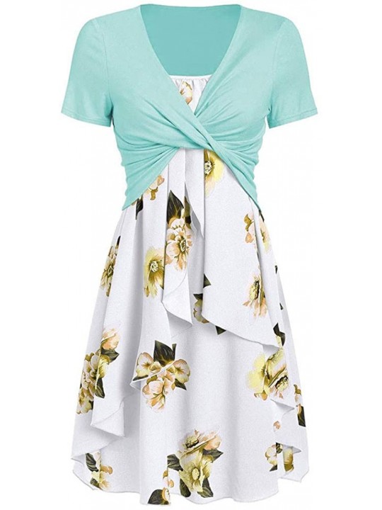 Cover-Ups Women's Short Sleeve Bow Knot Cover Up Tops Sunflower Print Midi Dress - Z-4 Light Blue - CV18RZOHASL $19.45
