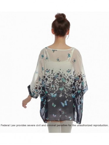 Cover-Ups Women Semi Sheer Chiffon Tunic Top Animal Printed Kimono Sleeve Blouse Bikini Beach Cover Up Kaftan Poncho - Blue B...