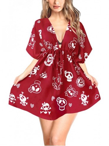 Cover-Ups Women's Skull Halloween Costume Beach Swimsuit Cover Ups Drawstring A - Spooky Red_b809 - CL1886UNC76 $43.33