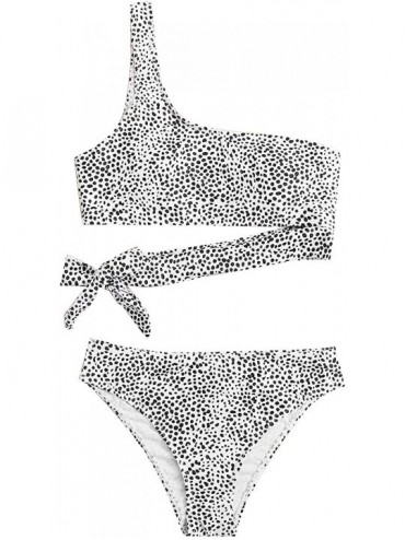 Sets Women's 2 Pieces Leopard Leopard Bathing Suits One Shoulder Cut Out Tie Waist Bikini Swimwear Set - Multicoloured - CX19...