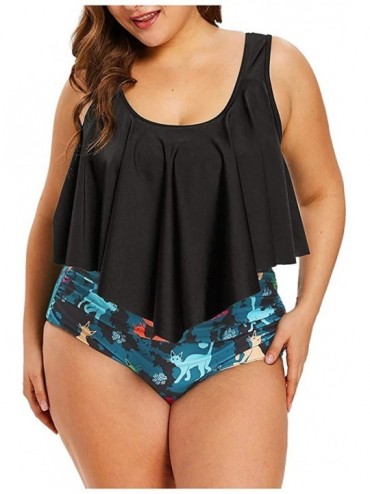 Bottoms Women Plus Size Ruffle Tankini Top High Waist Brazilian Printed Two Pieces Swimsuit Beachwear (L-5XL) - Black - C4196...