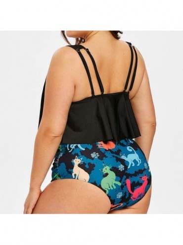 Bottoms Women Plus Size Ruffle Tankini Top High Waist Brazilian Printed Two Pieces Swimsuit Beachwear (L-5XL) - Black - C4196...