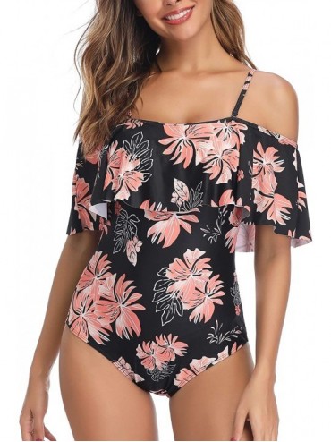 One-Pieces Off The Shoulder One Piece Swimsuits for Women Vintage Ruffle Floral Bathing Suits - Black Floral - C618WO5I5HO $4...