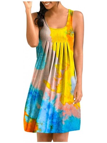 Cover-Ups Women's Tie Dye Sleeveless Pleated Loose Casual T-Shirt Dress Summer Beach Cover up Swing Tank Dress - Yellow - CC1...