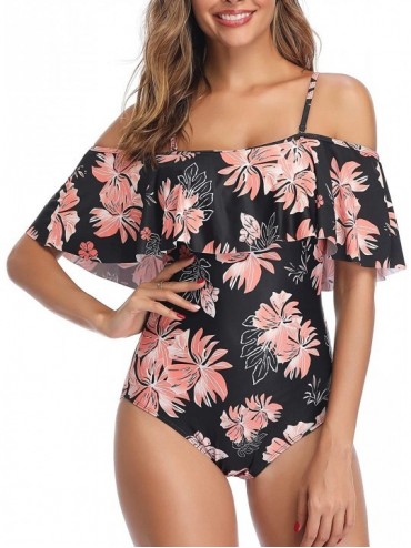 One-Pieces Off The Shoulder One Piece Swimsuits for Women Vintage Ruffle Floral Bathing Suits - Black Floral - C618WO5I5HO $2...