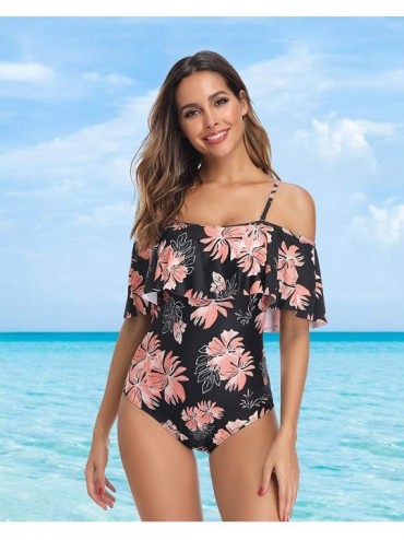 One-Pieces Off The Shoulder One Piece Swimsuits for Women Vintage Ruffle Floral Bathing Suits - Black Floral - C618WO5I5HO $2...