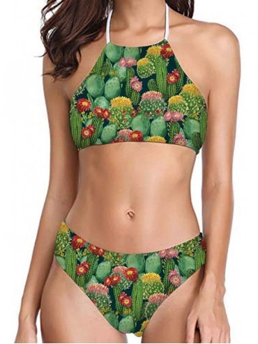 Sets Womens Forest Palm Leaves Sunflower Printing High Neck Halter Bikini Set Swimsuit XS-2XL - Pattern-43 - C3194RYANZI $19.37