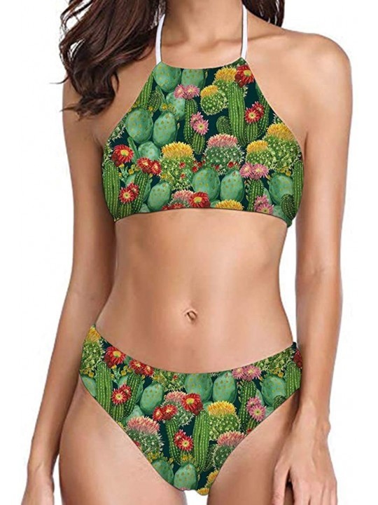 Sets Womens Forest Palm Leaves Sunflower Printing High Neck Halter Bikini Set Swimsuit XS-2XL - Pattern-43 - C3194RYANZI $19.37