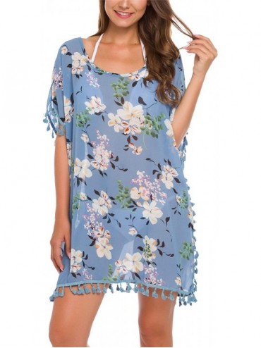 Cover-Ups Women's Stylish Chiffon Tassel Beachwear Bikini Swimsuit Cover up - G-sky Blue Floral - C918YE0W7Q5 $29.07