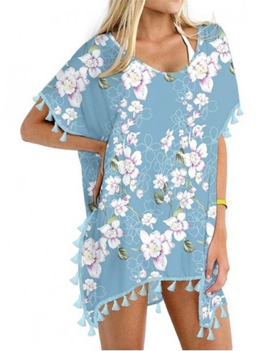 Cover-Ups Women's Chiffon Swimsuit Beach Bathing Suit Cover Ups for Swimwear - Flower Light Blue - CK18SUKMZDA $43.78