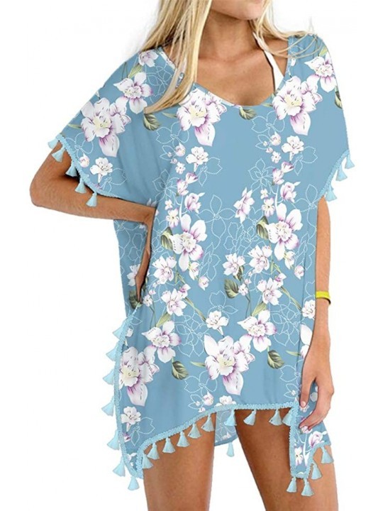 Cover-Ups Women's Chiffon Swimsuit Beach Bathing Suit Cover Ups for Swimwear - Flower Light Blue - CK18SUKMZDA $17.75
