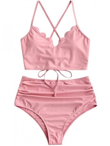Sets Women's High Waisted Bikini Set Swimwear- Scalloped Trim Bikini- Print Bikini Tie Back Lace Up Ruched Tankini Set - Pink...