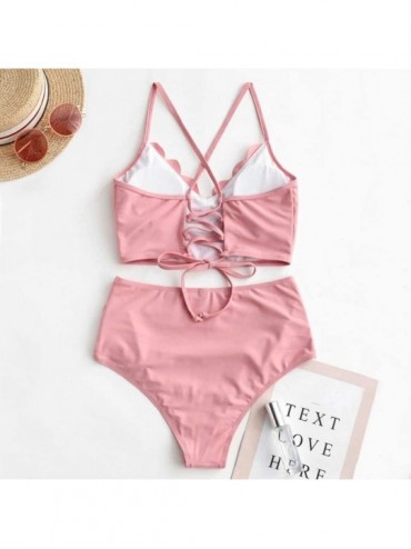 Sets Women's High Waisted Bikini Set Swimwear- Scalloped Trim Bikini- Print Bikini Tie Back Lace Up Ruched Tankini Set - Pink...