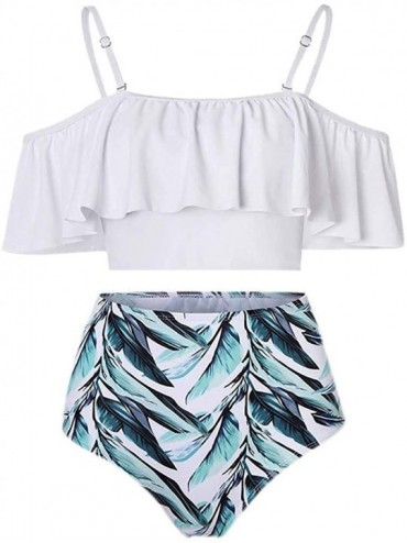 One-Pieces Women Two Pieces Print Bathing Swimwear Top Ruffled with High Waisted Bottom Bikini Set - White - CO18Q6TO04T $30.89