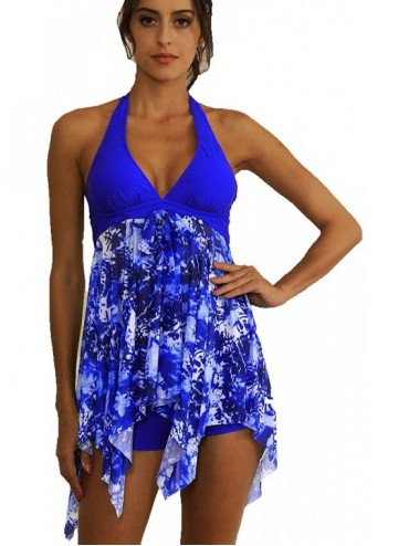 Tankinis Womens Plus Size Halter Swimdress Tankini Swimwear Swimsuit 2 Pieces - Blue-b02 - CD12DY13USH $35.61