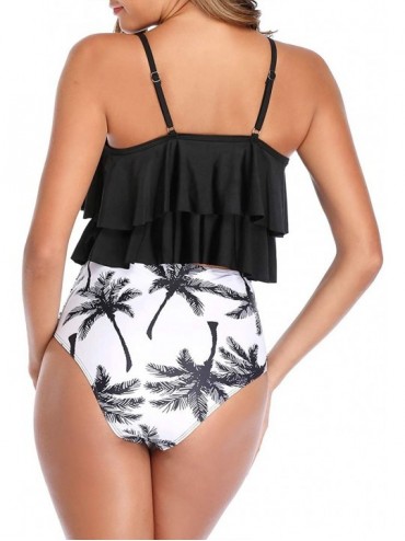 Sets Women's High Waisted Two Piece Swimsuit Flounce Bikini Set Ruffle Bathing Suits - Black Leaf - CZ1930MSXNG $17.84